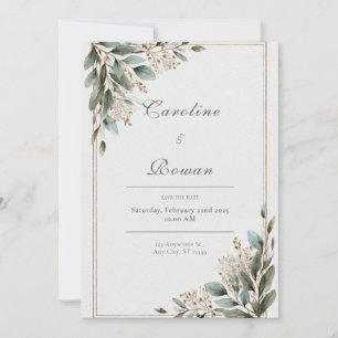 Elegant Greenery & Gold Frame Nature Wedding Invitation