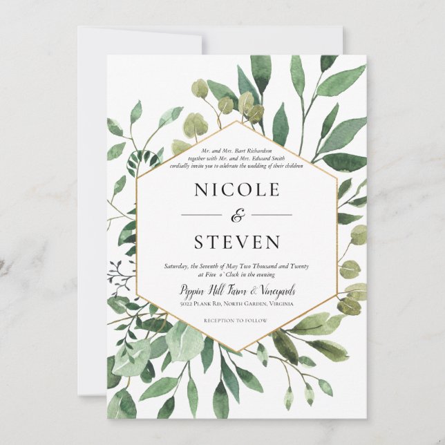 Elegant Greenery Gold Frame Wedding Invitation (Front)