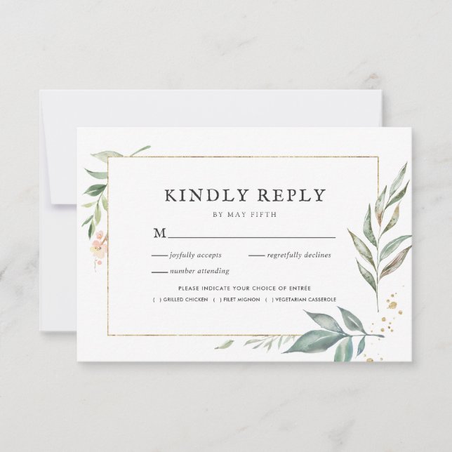 Elegant Greenery Gold Frame Wedding RSVP w/Meal (Front)