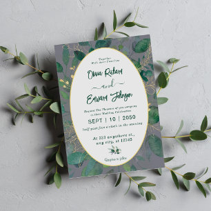 Elegant Greenery Gold Geometric Frame Grey Wedding Invitation
