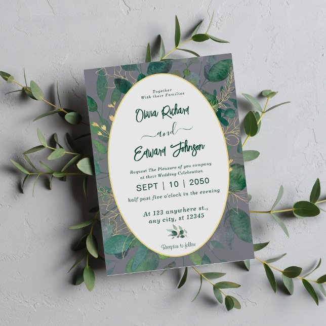 Elegant Greenery Gold Geometric Frame Grey Wedding Invitation (Creator Uploaded)