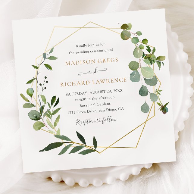 Elegant Greenery Gold Geometric Frame Wedding Invitation (Creator Uploaded)