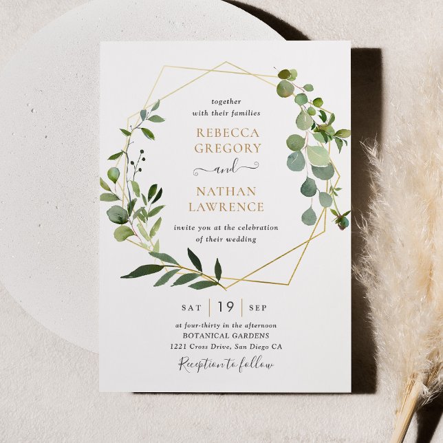 Elegant Greenery Gold Geometric Frame  Wedding Invitation (Creator Uploaded)