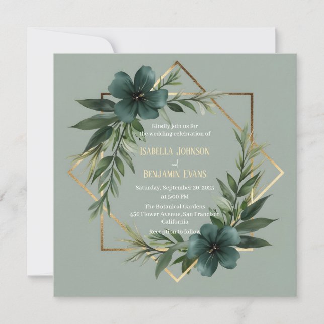 Elegant Greenery Gold Geometric Frame Wedding Invitation (Front)