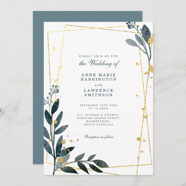 Elegant Greenery Gold Geometric Wedding Invitation (Front/Back)