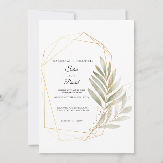 Elegant Greenery Gold Geometric Wedding Invite (Front)