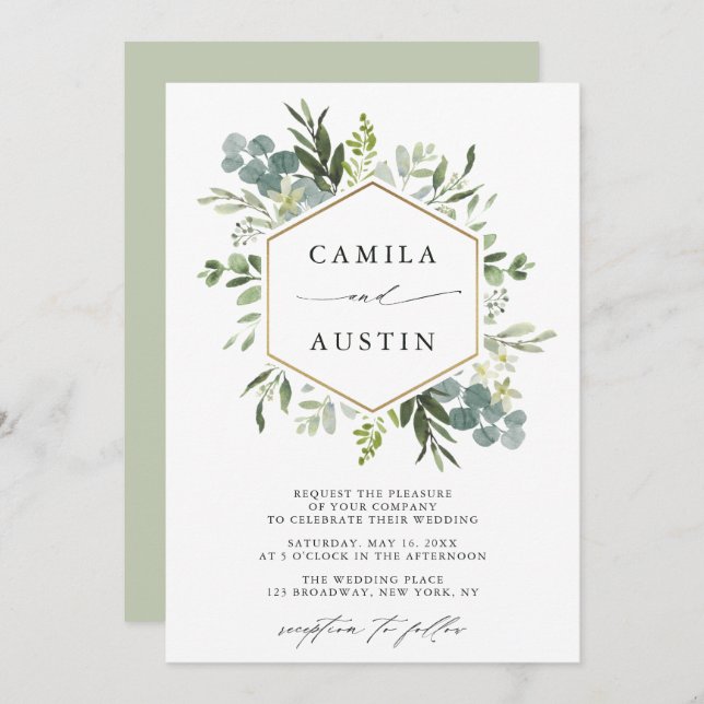 Elegant Greenery Gold Hexagon Wedding Invitation (Front/Back)