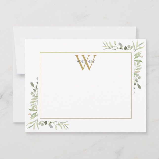 Elegant Greenery Gold Monogram Card (Front)