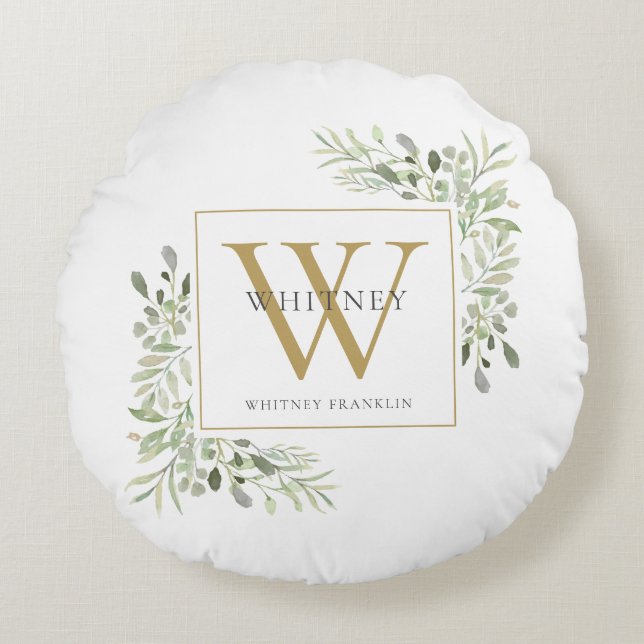 Elegant Greenery Gold Monogram Round Cushion (Front)
