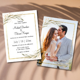Elegant Greenery Gold Photo Wedding Invitation