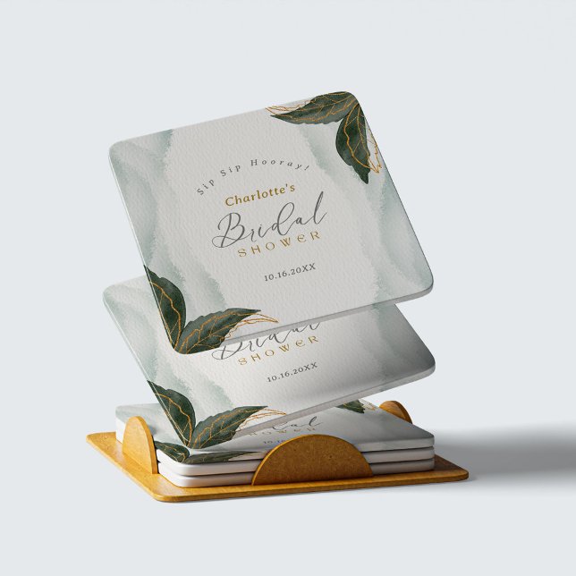 Elegant Greenery Gold Watercolor Bridal Shower Square Paper Coaster (Creator Uploaded)