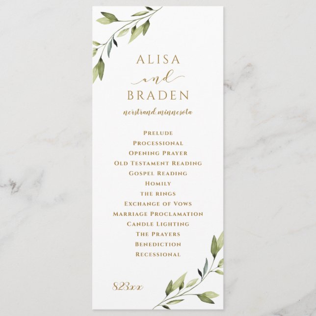 Elegant Greenery & Gold Watercolor Foliage Wedding Programme (Front)