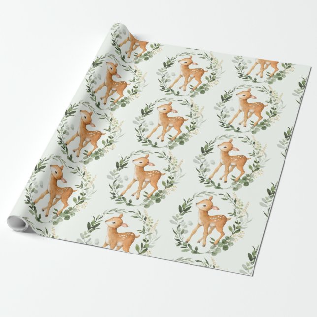 Elegant Greenery Gold Woodland Deer Baby Fawn Wrapping Paper (Unrolled)