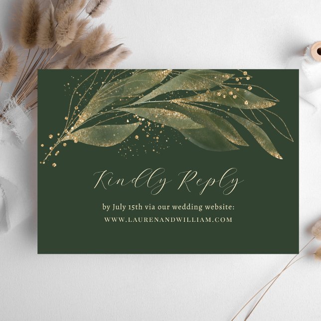 Elegant Greenery Green Gold Wedding Website RSVP Card (Creator Uploaded)