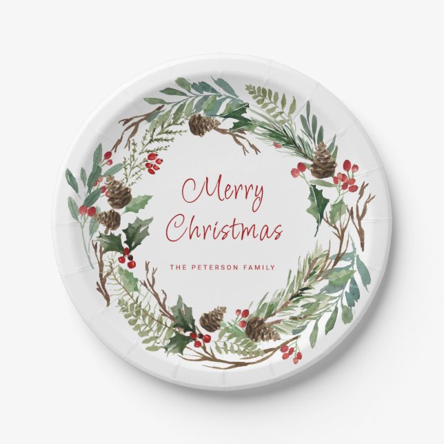 Elegant Greenery Holly Berry Wreath | Script Paper Plate (Front)