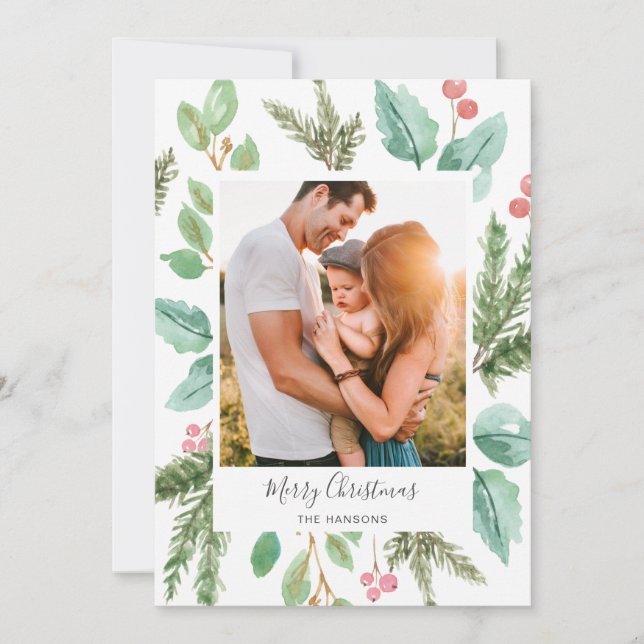 Elegant Greenery Holly Photo Merry Christmas Holiday Card (Front)
