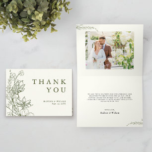 Elegant Greenery Ivory Moss Green Photo Wedding Thank You Card