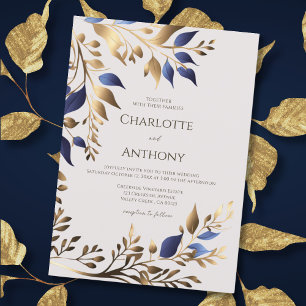 Elegant Greenery Leaf Blue Gold Modern Wedding Invitation