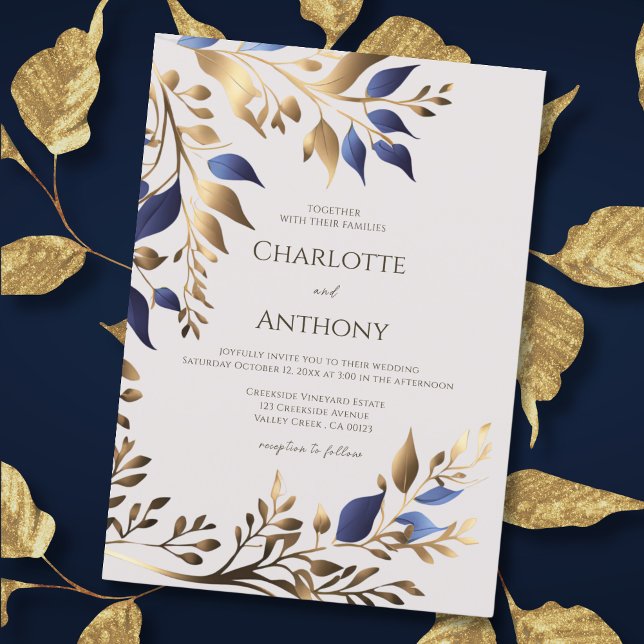 Elegant Greenery Leaf Blue Gold Modern Wedding Invitation (Creator Uploaded)