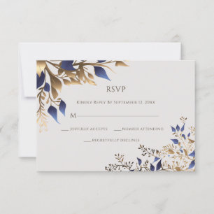 Elegant Greenery Leaf Blue Gold Wedding RSVP Card
