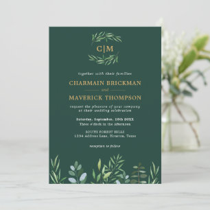 Elegant Greenery Leaf Monogram Wedding Invitation