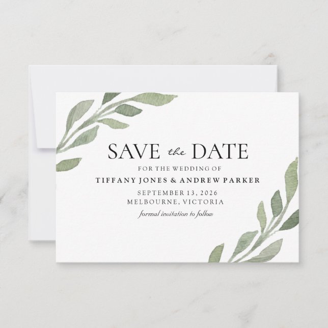 Elegant Greenery Leaf Wedding Save The Date (Front)