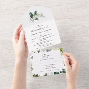 Elegant Greenery Leafy Watercolor Wedding  All In  All In One Invitation