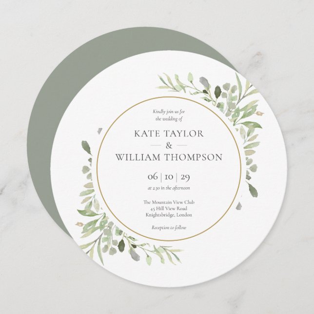 Elegant Greenery Leaves Circular Wedding Invitation (Front/Back)