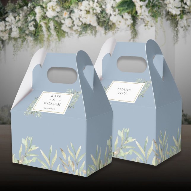 Elegant Greenery Leaves Dusty Blue Wedding Favour Box (Elegant Greenery Leaves Dusty Blue Wedding Favor Boxes)