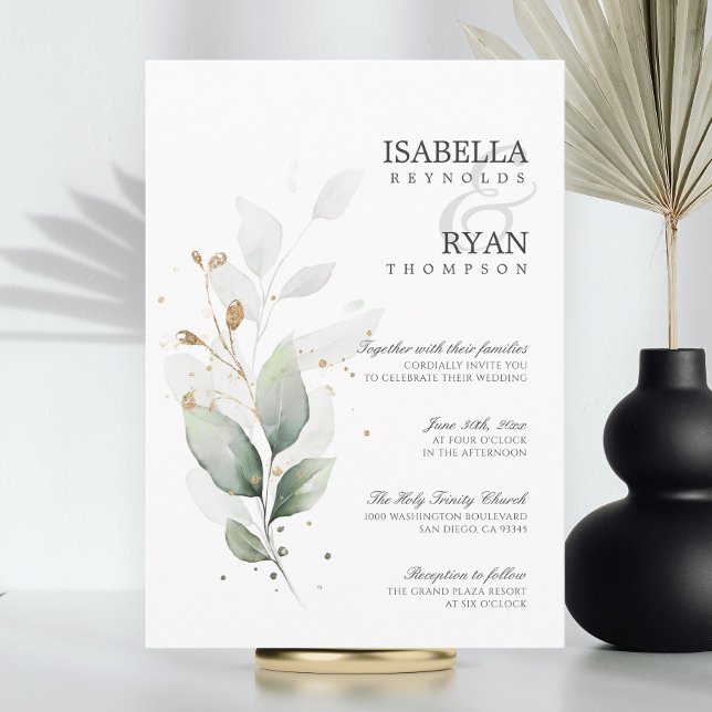 ELEGANT Greenery Leaves Gold Wedding Invitation (ELEGANT Greenery Leaves Gold Wedding Invitation | Budget Digital)