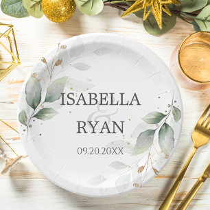 ELEGANT Greenery Leaves Gold Wedding Paper Plate