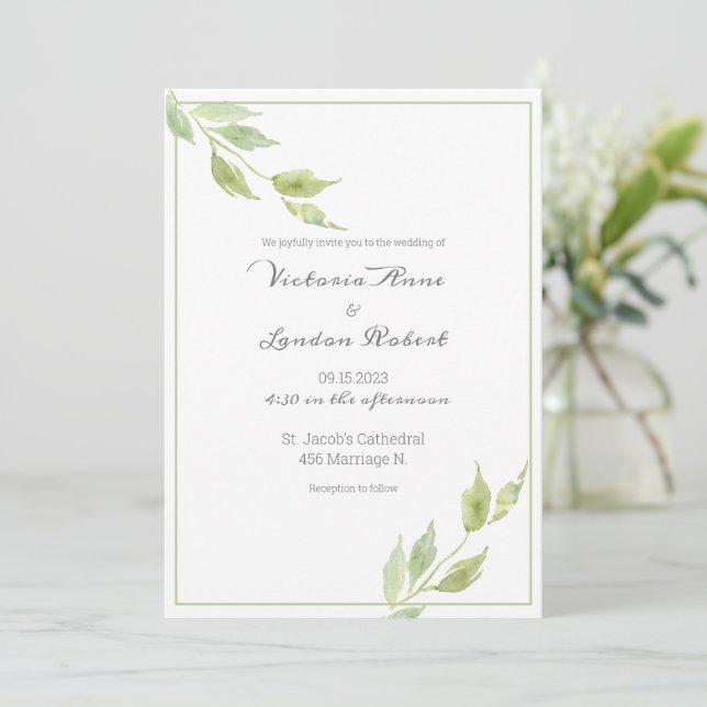 Elegant Greenery Leaves Watercolor Wedding Invitat Invitation (Standing Front)