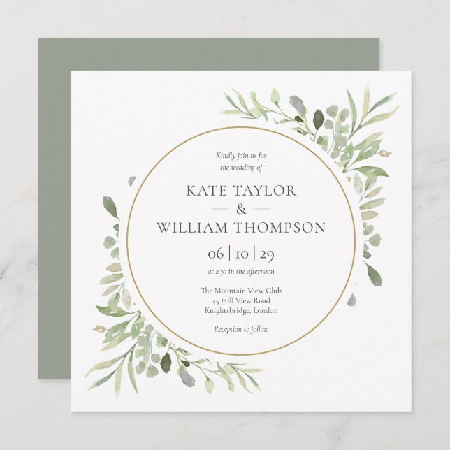 Elegant Greenery Leaves Wedding Invitation (Front/Back)
