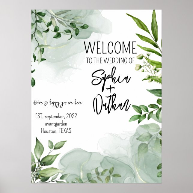 Elegant greenery leaves wedding invitation poster (Front)