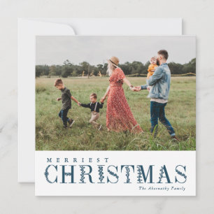 Elegant Greenery Lettering Christmas Blue Photo Holiday Card