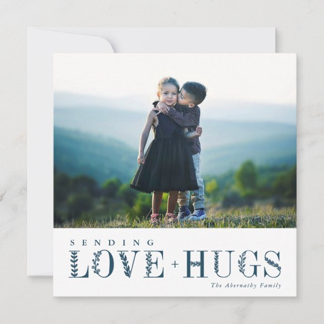 Elegant Greenery Lettering Love Hugs Blue | Photo Holiday Card (Front)