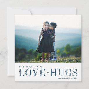 Elegant Greenery Lettering Love Hugs Blue   Photo Holiday Card