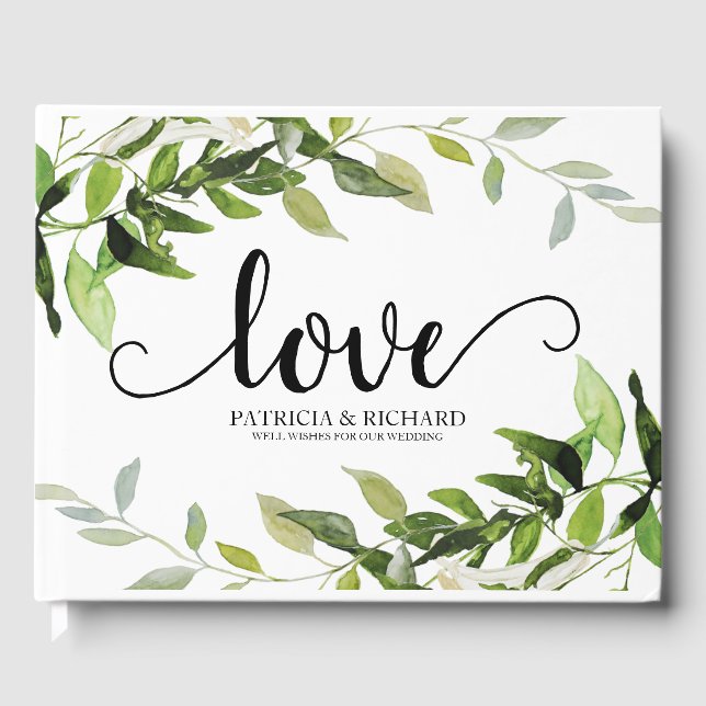Elegant Greenery Love Wedding Guest Book (Front)
