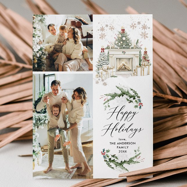 Elegant Greenery Mantel Happy Holidays 2 Photo  Holiday Card (Creator Uploaded)