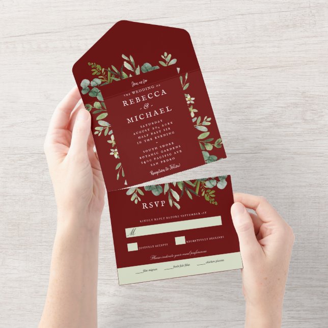 Elegant Greenery Maroon Red Wedding All In One Invitation (Tearaway)