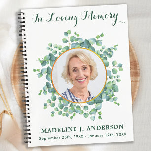 Elegant Greenery Memorial Photo Funeral Guestbook Notebook