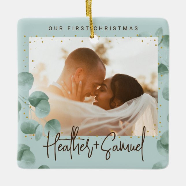 Elegant Greenery Merry and Married Photo Ceramic Ornament (Front)