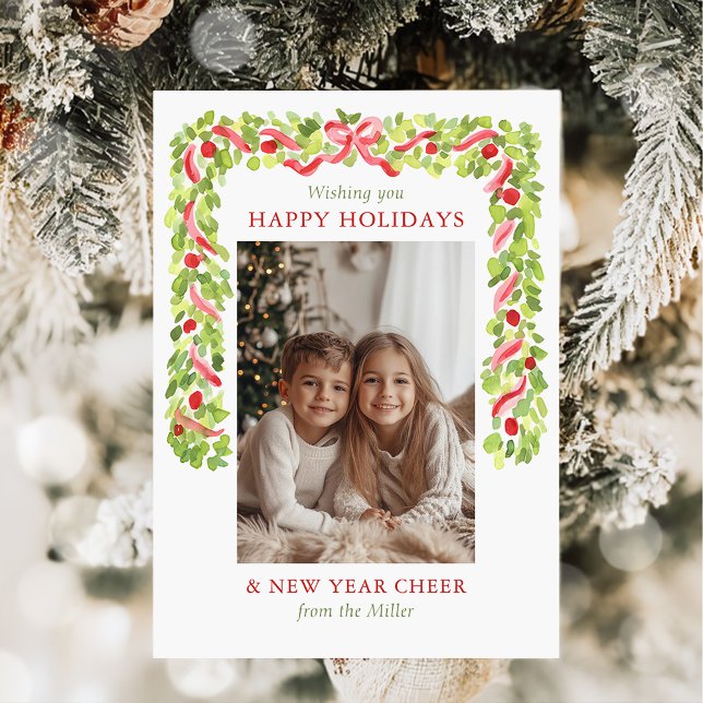 Elegant Greenery Merry Christmas Family Photo Holiday Card (Creator Uploaded)