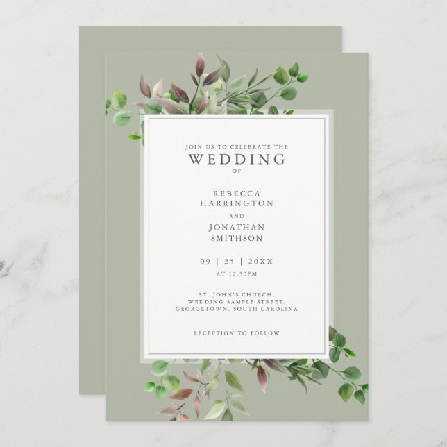 Elegant Greenery Minimal Wedding Invitation (Front/Back)