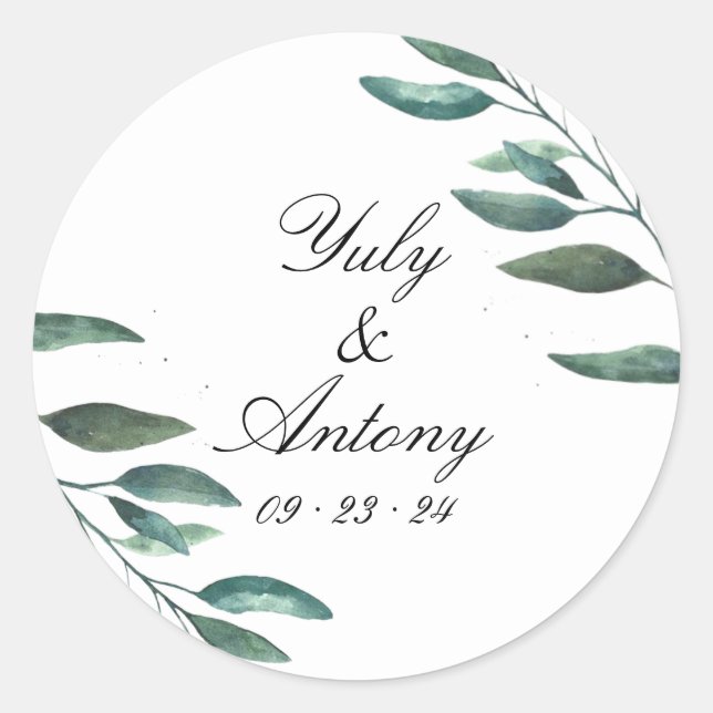 Elegant Greenery Minimalist Wedding Favour Classic Round Sticker (Front)