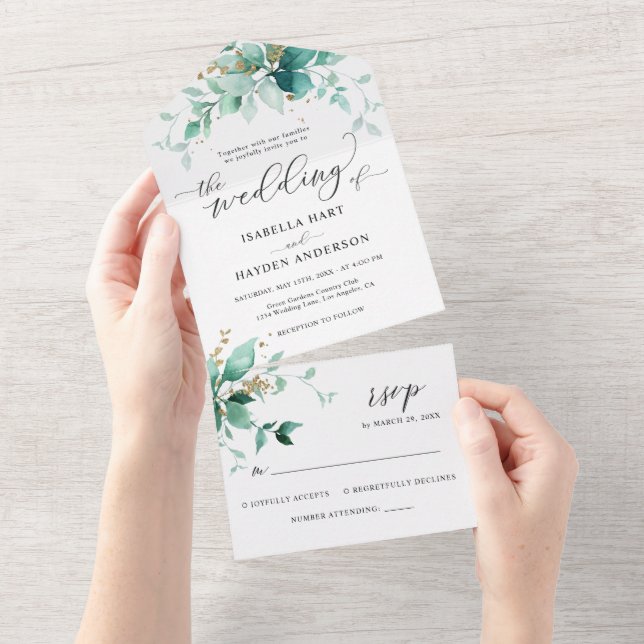 Elegant Greenery Mint Gold Wedding Details RSVP All In One Invitation (Tearaway)