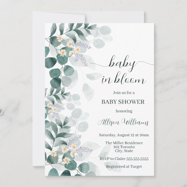Elegant greenery modern eucalyptus baby shower invitation (Front)