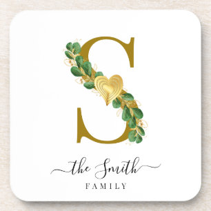 Elegant Greenery Monogram Family Name Letter S Coaster
