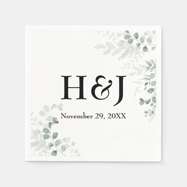 Elegant Greenery Monograms and Date Napkin (Front)