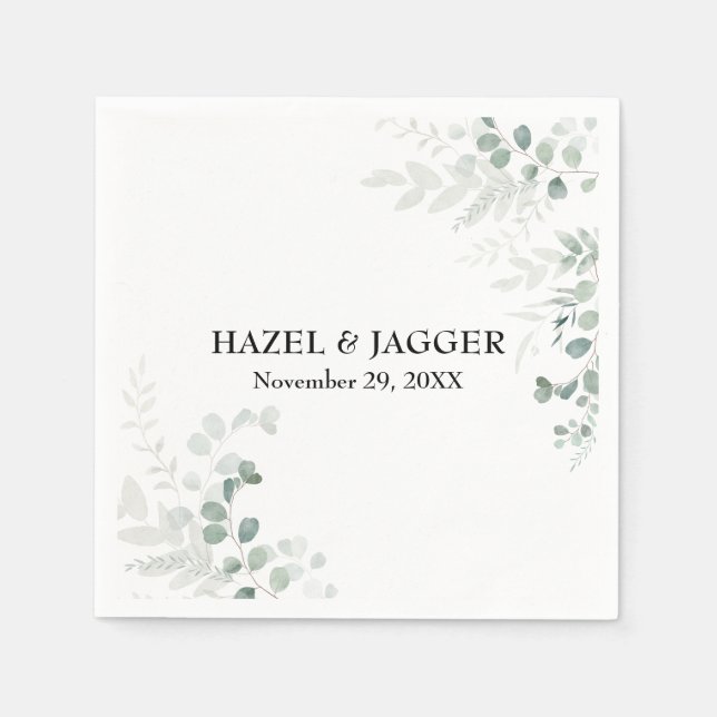 Elegant Greenery Names and Date Personalised Napkin (Front)